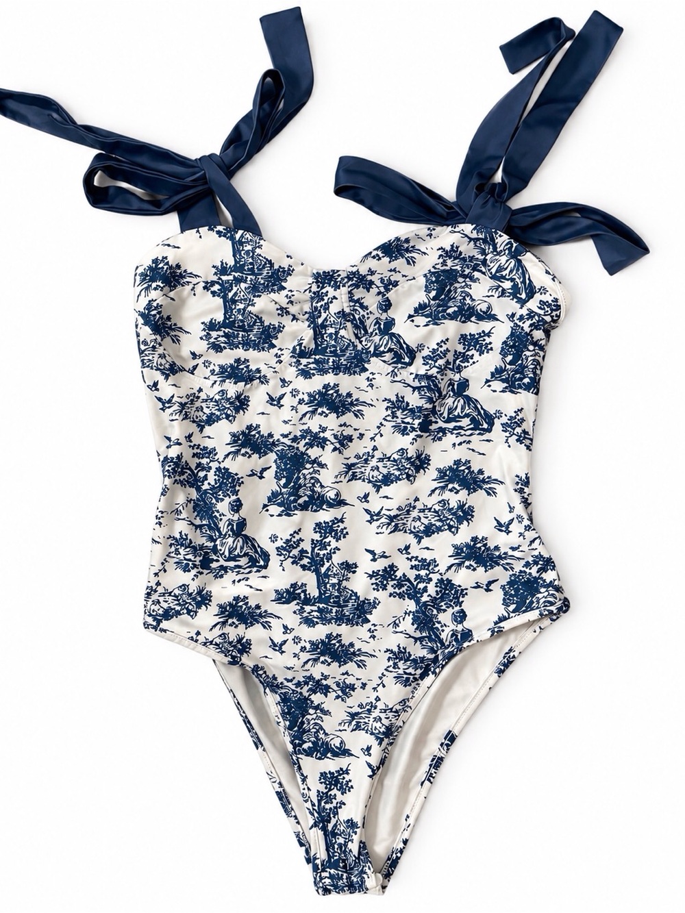Navy & White Toile One-Piece Kids Swimsuit with Tie Straps